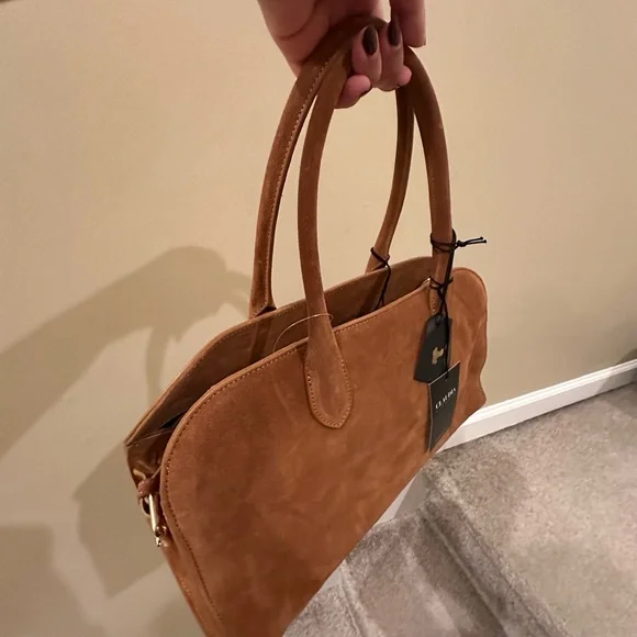 Claudia Firenze Cognac Brown East West Bowling Suede Bag Made in Italy - Picture 3 of 8